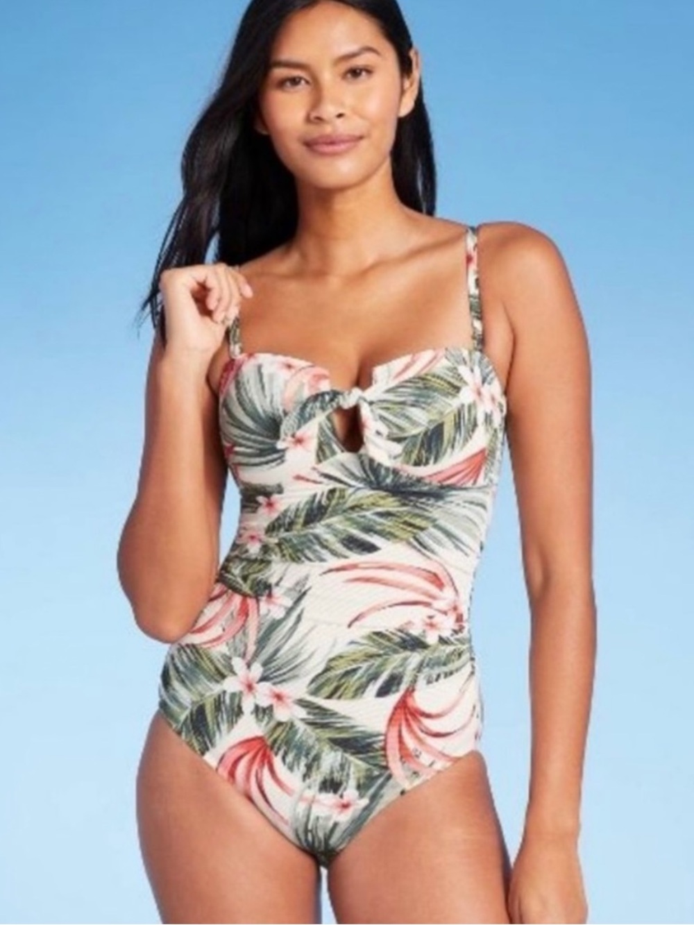 Kona Sol One-Piece Tropical Swimsuit Ruched Removable Straps High Back Cups L